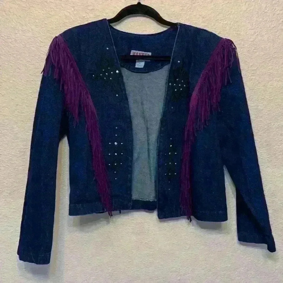 Wanted by Beads Beautiful fringe denim jacket sz L western cowgirlcore 90s - Picture 1 of 7